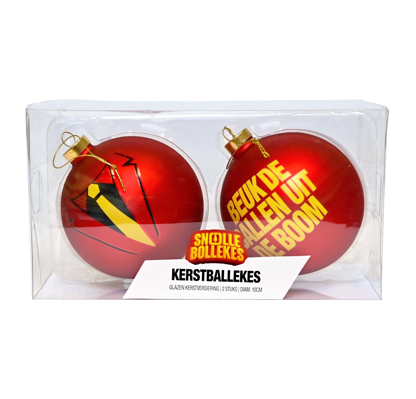 2 Snollebollekes Kerstballen: 'Stropdas' en 'Beuk de ballen', 10cm