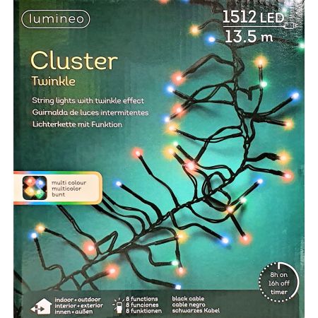 Clusterverlichting lumineo 1512-lamps.LED Twinkle multi/zwart timer; 5m lead
