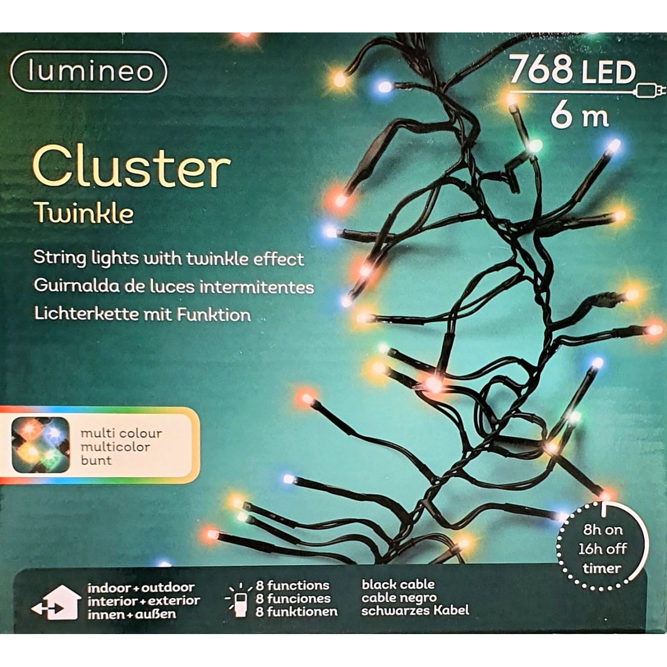 Clusterverlichting lumineo 768-lamps.LED Twinkle multi/zwart; timer; 5m lead