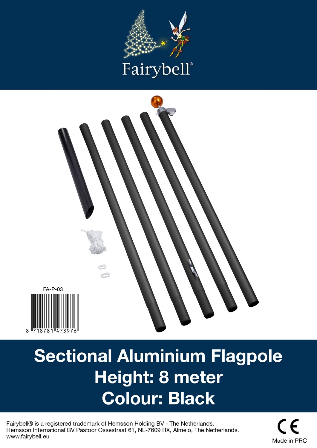 Fairybell vlaggenmast aluminium 800cm zwart